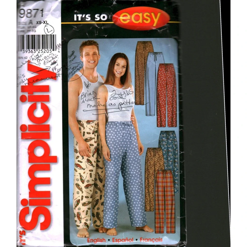 Simplicity 9871 Sewing Pattern Unisex‎ Pajama Lounge Pants Sizes XS-L Cut